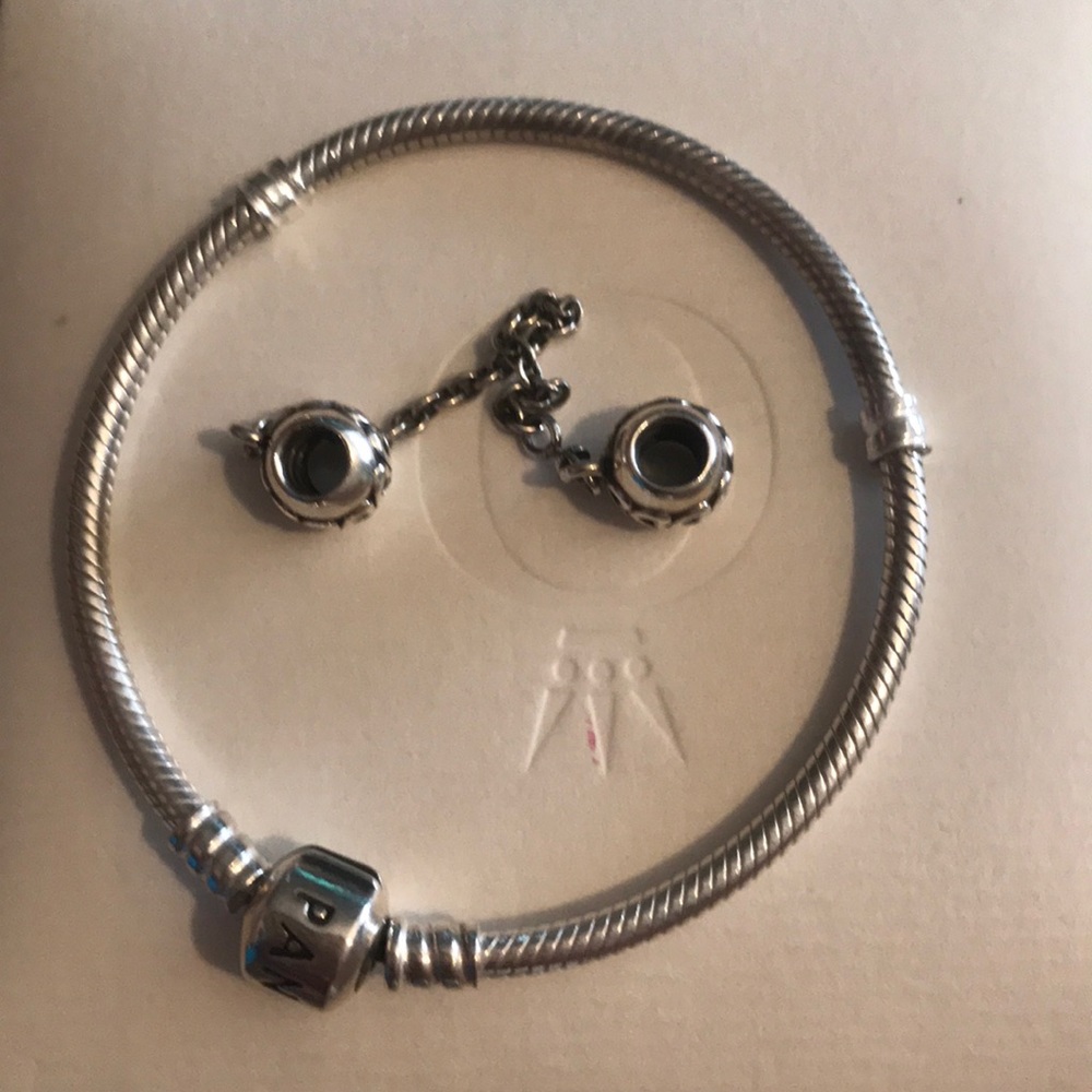 Pandora silver charm bracelet & safety chain